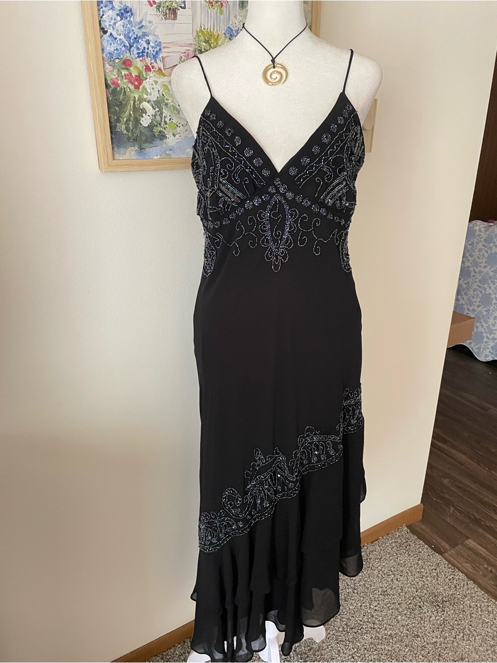 Dressbarn Vintage 90s Y2K Asymmetrical Beaded Ruffle Slip Midi Dress Size US 8